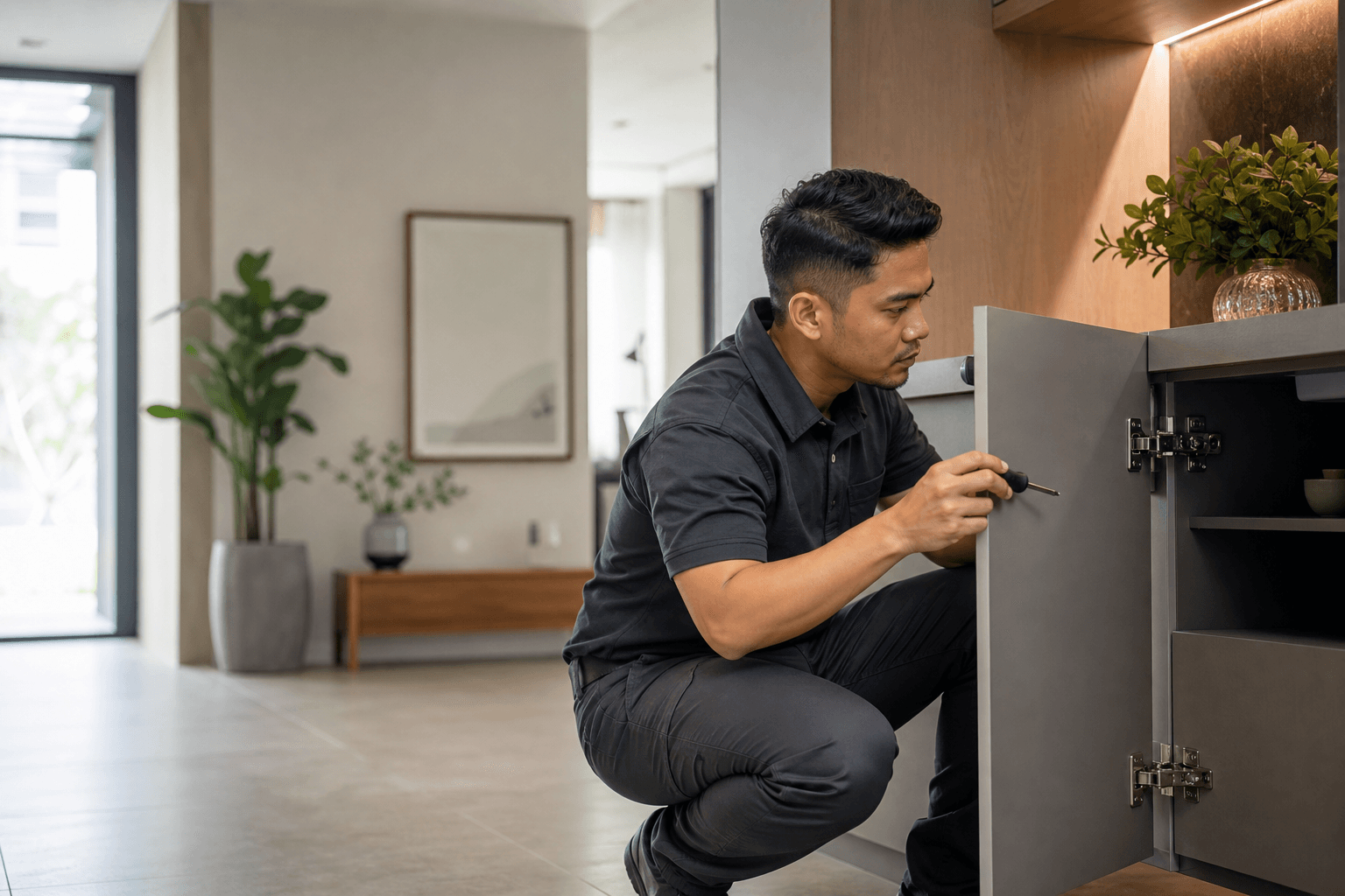 Home maintenance technician carefully adjusting a cabinet hinge